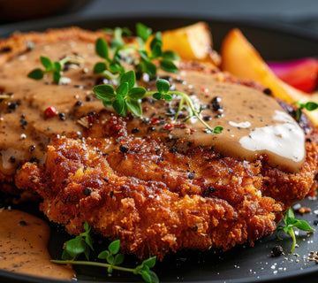 Crispy Chicken Milanese topped with creamy SwissAm Pepper Mélange peppercorn sauce