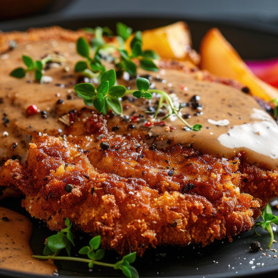 Crispy Chicken Milanese topped with creamy SwissAm Pepper Mélange peppercorn sauce