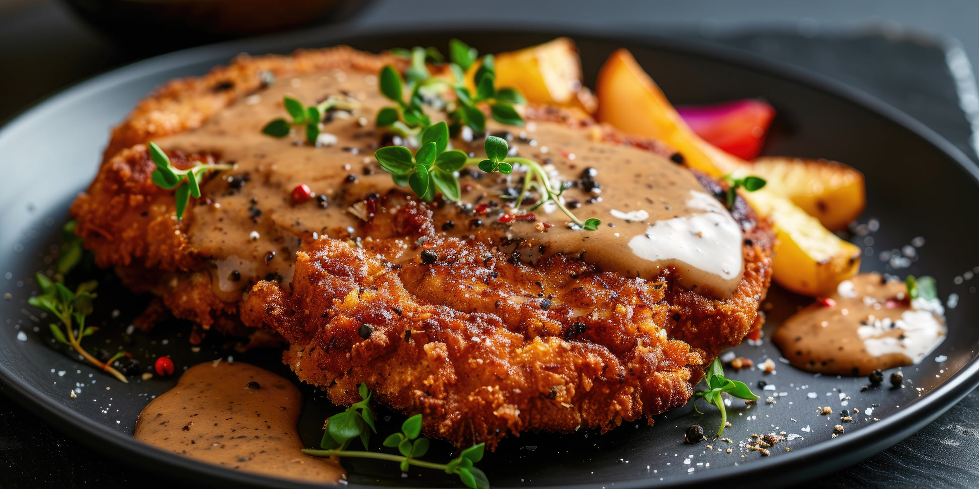 Crispy Chicken Milanese topped with creamy SwissAm Pepper Mélange peppercorn sauce 