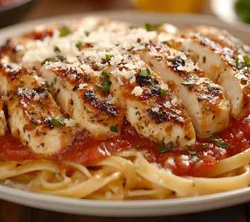 Grilled chicken breast slices served over fettuccine pasta with rich tomato sauce and parmesan cheese, seasoned with SwissAm Broil & Sauté Original Seasoning