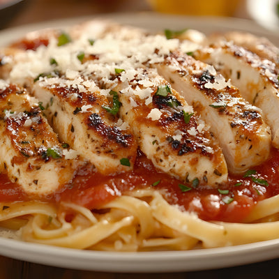 Grilled chicken breast slices served over fettuccine pasta with rich tomato sauce and parmesan cheese, seasoned with SwissAm Broil & Sauté Original Seasoning