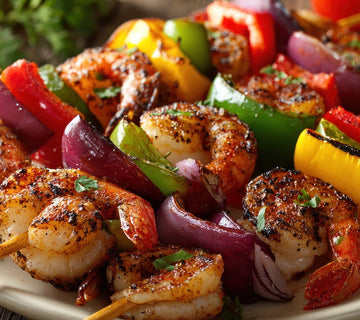 Grilled shrimp skewers with peppers and onions, seasoned with SwissAm Blackened Seasoning