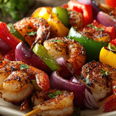 Grilled shrimp skewers with peppers and onions, seasoned with SwissAm Blackened Seasoning