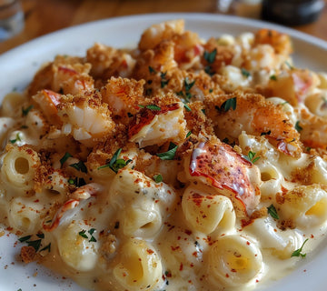 Creamy macaroni and cheese topped with chunks of lobster, toasted breadcrumbs, and herbs, seasoned with SwissAm Broil & Sauté Original Seasoning