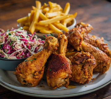 Crispy fried chicken drumsticks seasoned with SwissAm Broil & Sauté, served with creamy coleslaw and golden fries on a plate.