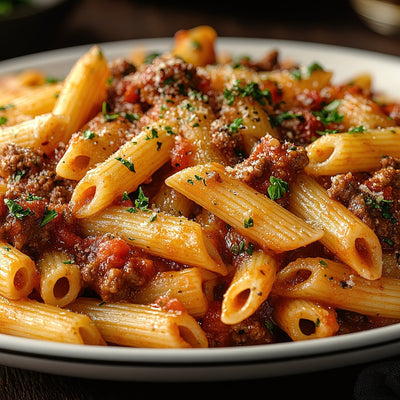 Classic penne bolognese with rich tomato meat sauce, seasoned with SwissAm Broil & Sauté