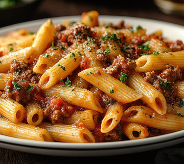 Classic penne bolognese with rich tomato meat sauce, seasoned with SwissAm Broil & Sauté