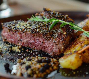 Pepper Mélange crusted steak cooked medium-rare, served with roasted potatoes and garnished with fresh rosemary.