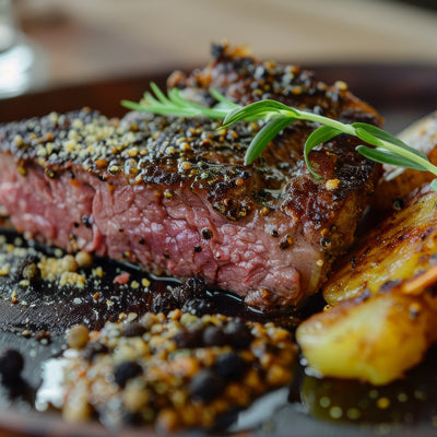 Pepper Mélange crusted steak cooked medium-rare, served with roasted potatoes and garnished with fresh rosemary.