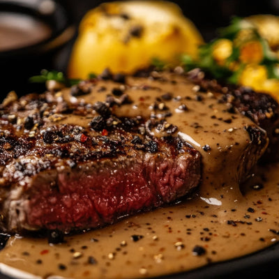 Seared steak in creamy peppercorn sauce, seasoned with SwissAm Pepper Mélange