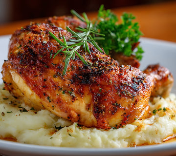 Oven-roasted chicken breast served on creamy mashed potatoes with rosemary garnish, seasoned with SwissAm Broil & Sauté Original Seasoning