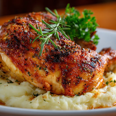 Oven-roasted chicken breast served on creamy mashed potatoes with rosemary garnish, seasoned with SwissAm Broil & Sauté Original Seasoning