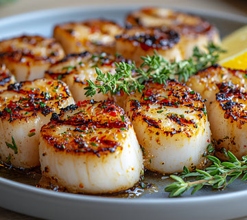 Seared scallops garnished with fresh thyme and lemon, seasoned with SwissAm Blackened blend
