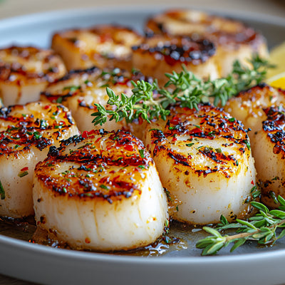Seared scallops garnished with fresh thyme and lemon, seasoned with SwissAm Blackened blend
