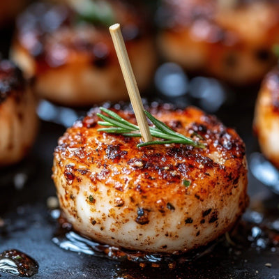 Seared scallops seasoned with SwissAm Broil & Sauté, garnished with rosemary sprigs on a grill plate