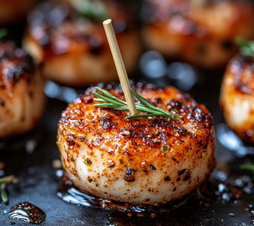 Seared scallops seasoned with SwissAm Broil & Sauté, garnished with rosemary sprigs on a grill plate