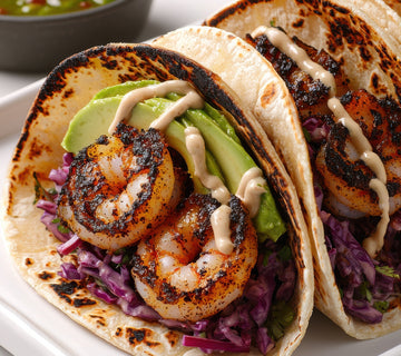 Blackened shrimp tacos with avocado and slaw, seasoned with SwissAm Blackened blend
