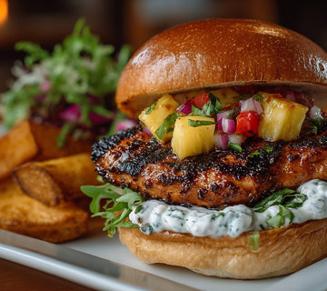 Food itemGrilled blackened chicken burger with pineapple salsa, creamy herb sauce, lettuce, and fresh herbs on a toasted bun, seasoned with SwissAm Blackened Seasoning