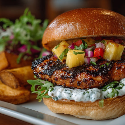 Food itemGrilled blackened chicken burger with pineapple salsa, creamy herb sauce, lettuce, and fresh herbs on a toasted bun, seasoned with SwissAm Blackened Seasoning