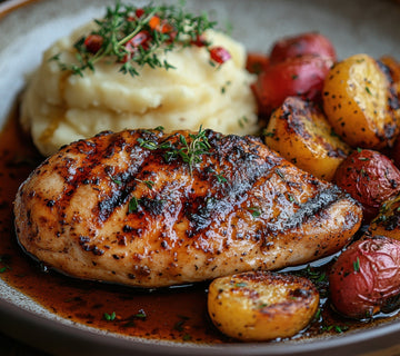 Grilled chicken breast seasoned with SwissAm Blackened Seasoning, served with roasted baby potatoes and creamy mashed potatoes topped with fresh herbs.