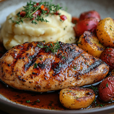 Grilled chicken breast seasoned with SwissAm Blackened Seasoning, served with roasted baby potatoes and creamy mashed potatoes topped with fresh herbs.