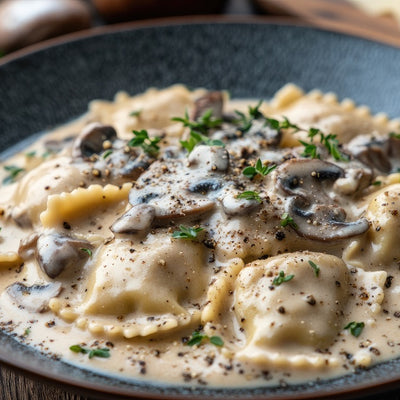 Creamy mushroom ravioli topped with fresh herbs and seasoned with SwissAm Pepper Mélange.