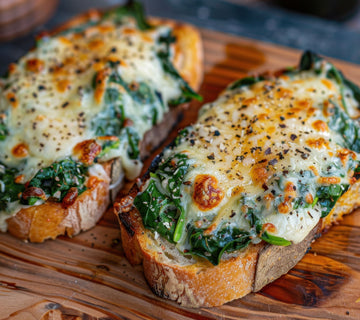 Toasted bread topped with melted cheese and spinach, seasoned with SwissAm Pepper Mélange.