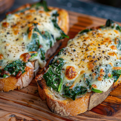 Toasted bread topped with melted cheese and spinach, seasoned with SwissAm Pepper Mélange.