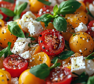 Fresh mixed tomato and feta salad with basil leaves, seasoned with SwissAm Pepper Mélange.