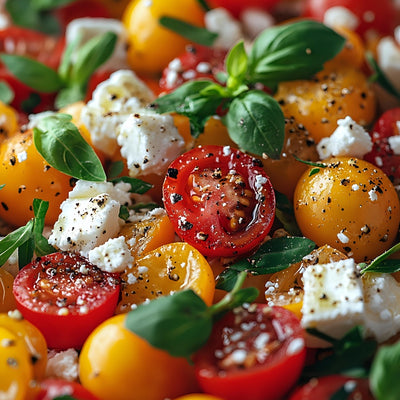 Fresh mixed tomato and feta salad with basil leaves, seasoned with SwissAm Pepper Mélange.