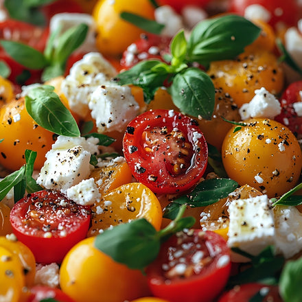 Fresh mixed tomato and feta salad with basil leaves, seasoned with SwissAm Pepper Mélange.