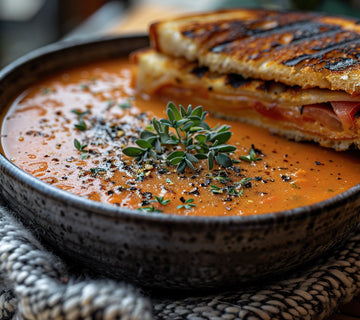 Bowl of creamy tomato soup with fresh herbs, served with a grilled cheese sandwich and seasoned with SwissAm Pepper Mélange.