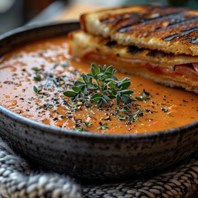 Bowl of creamy tomato soup with fresh herbs, served with a grilled cheese sandwich and seasoned with SwissAm Pepper Mélange.