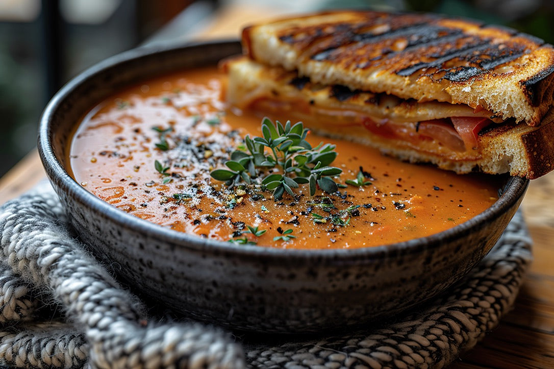 Bowl of creamy tomato soup with fresh herbs, served with a grilled cheese sandwich and seasoned with SwissAm Pepper Mélange.

